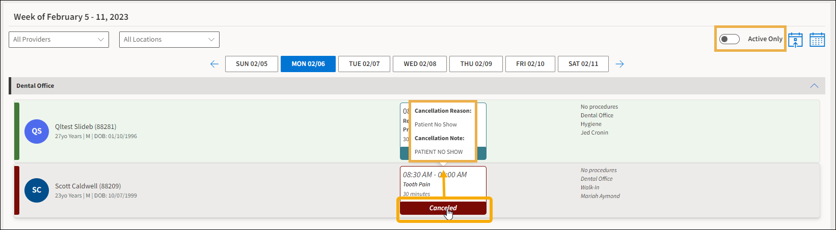 Clinical Huddle page with yellow highlight box around the off Active Only Toggle and yellow highlight boxes around curser hovering over a canceled appointment showing the Cancellation reason and note.